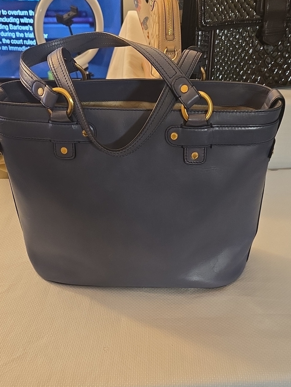 Classic Navy Leather Tote Bag with Gold Hardware